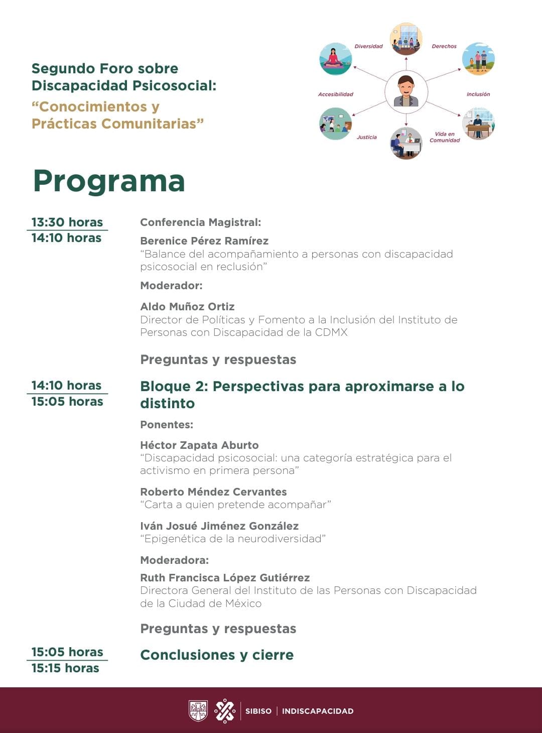 Segunda parte del programa del Segundo Foro sobre Discapacidad Psicosocial. Ver enlace al programa en la nota.