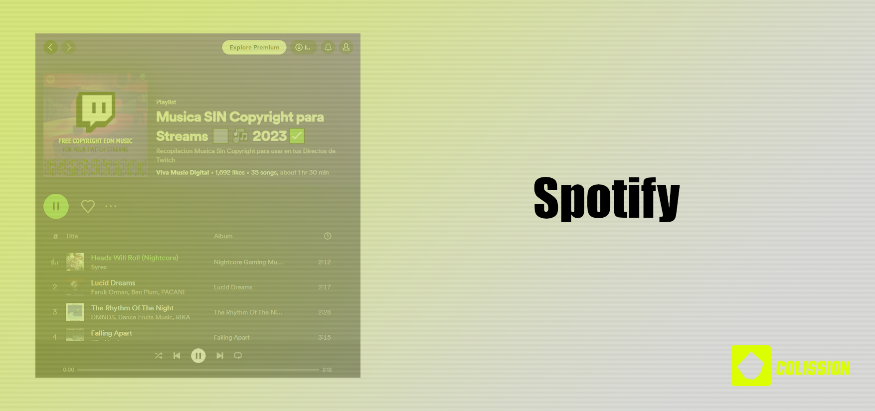Captura de pantalla de una playlist para streamers en Spotify con un títular del lado derecho que dice Spotify