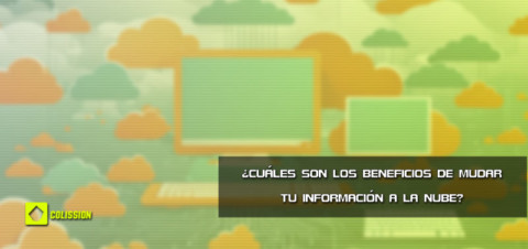 Imagen compuesta para mostrar el titulo. Computadoras con nubes de fondo, formados con texturas tipo papel cortado y desenfocado. Logo de colission tech abajo a la izquierda y abajo a la derecha titulo de la publicacion: ¿Cuales son los beneficios de mudar tu informacion a la nube?