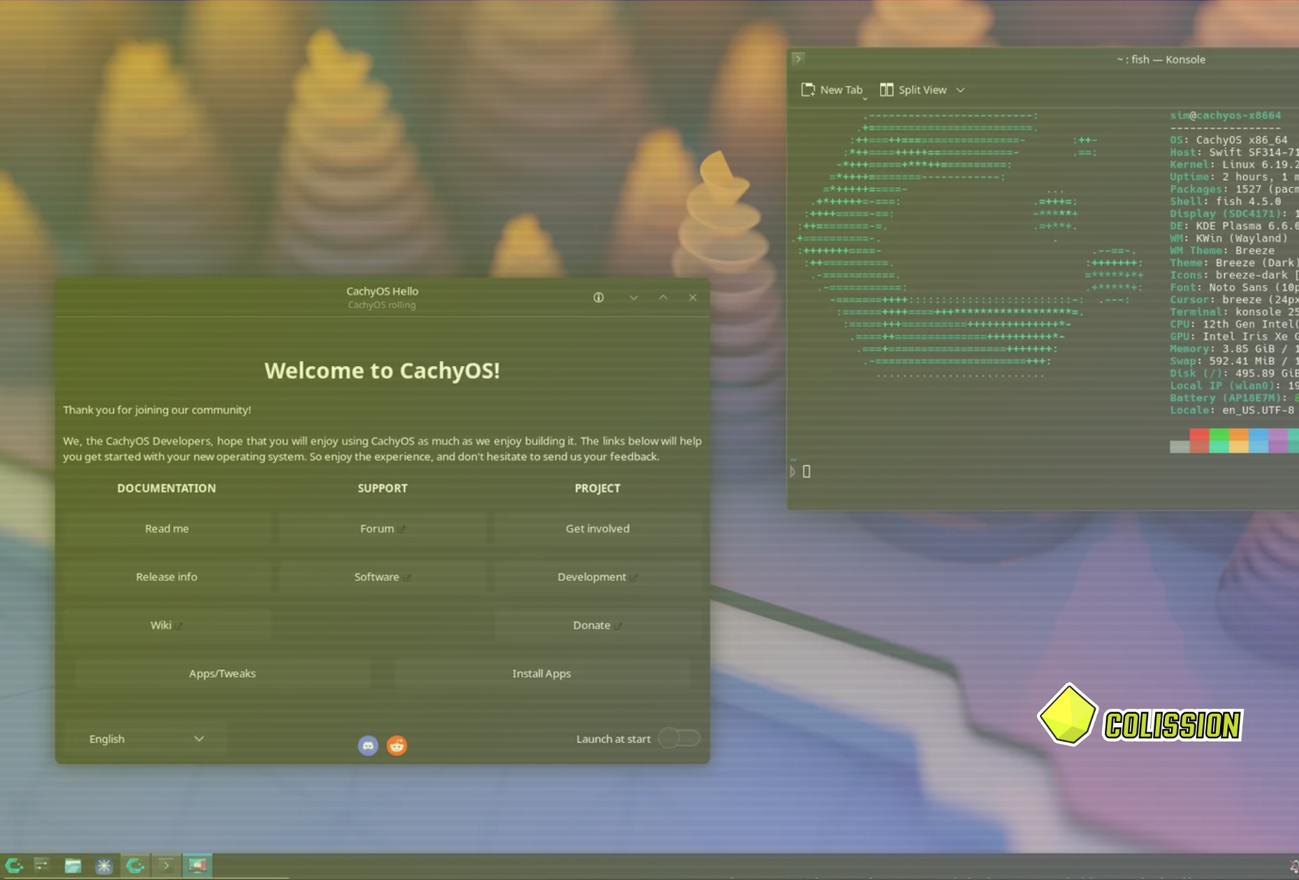 Captura de pantalla de bienvenida deCahyOS junto al logo de colission tech